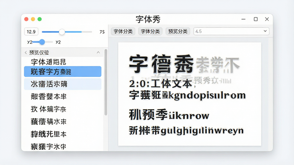 一张字体秀软件功能展示图,画面主体为软件窗口,左侧字体列表高亮选中一款字体,右侧预览区展示该字体在不同字号下的中文和英文效果,窗口上方有“字体秀”字样,风格为清爽浅色界面,细节包含字号滑块、预览文本框、字体分类标签,画质清晰,干净无杂乱元素