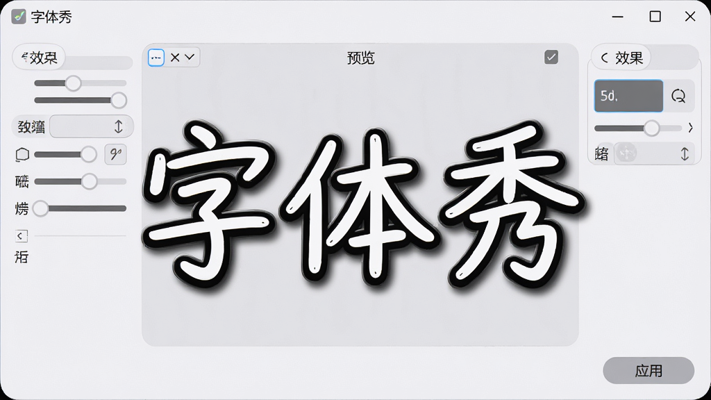 一张字体秀文字特效预览界面图,画面展示软件窗口内一段中文文字应用了描边和阴影效果,字体为手写风格,窗口标题写“字体秀”,背景为浅灰色,风格为柔和圆角设计,细节包含效果参数调节面板、预览文字框、应用按钮,画质高清,干净整洁