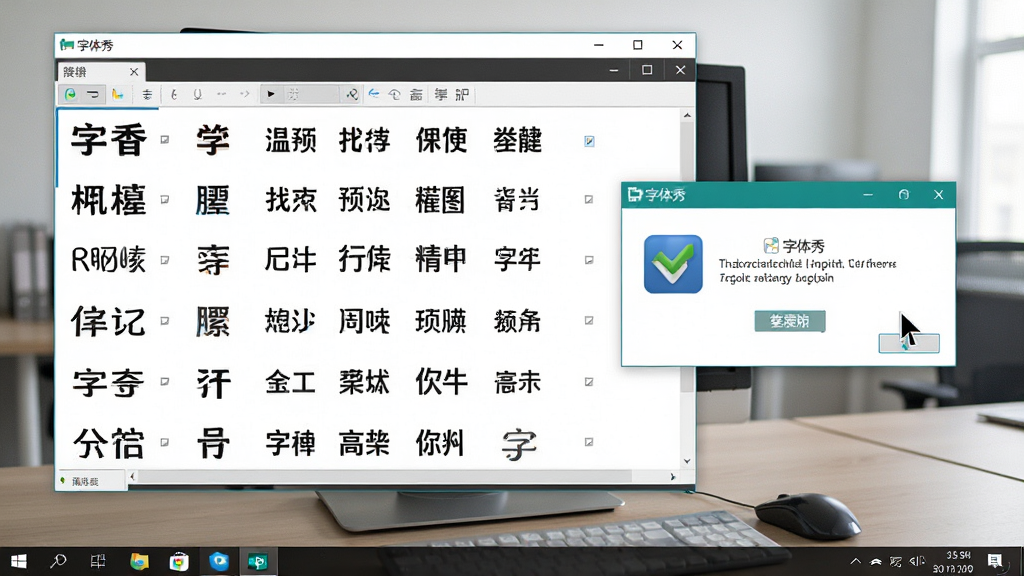 一张电脑桌面截图风格图,画面展示字体秀软件正在运行,窗口内显示字体预览列表,旁边有杀毒软件弹窗提示,风格为写实办公场景,细节包含鼠标指针、任务栏、软件标题“字体秀”,画质清晰,画面干净