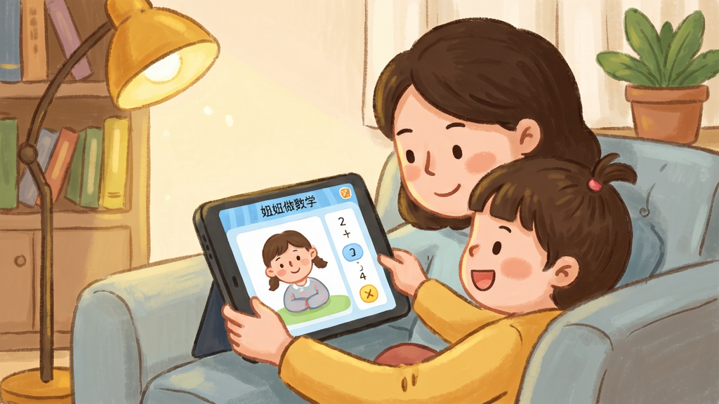������ѧʹ�ó����廭������չʾһλ�ҳ��뺢������ɳ���Ϲ�ͬʹ��ƽ�����ѧϰ��ѧ����Ļ����ʾ������ѧ�Ĵ�����棬����Ϊ��ܰ��ͥ���������Ϊ����ֻ�磬ϸ�ڰ���ůɫ���ƹ⡢��ͨ���������졢�������������ֲ�����ʸ��壬����ɾ����޶���Ԫ��