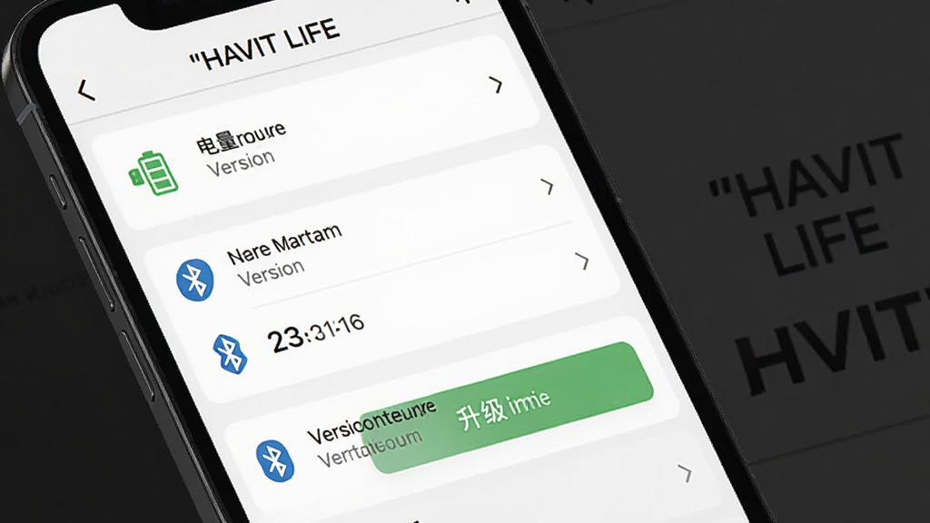 HAVIT LIFE �豸����ҳ�棬����Ϊ�ֻ���Ļչʾ�豸�������̼��汾��������ť������Ϊ�б�ʽ���У��Ű����������Ϊ������Ӧ�ý��棬ϸ�ڰ������ͼ�ꡢ������־���汾�����֣����ʸ��壬����ɾ����޶���Ԫ�أ�''HAVIT LIFE'' ���ֳ�����ҳ�涥��
