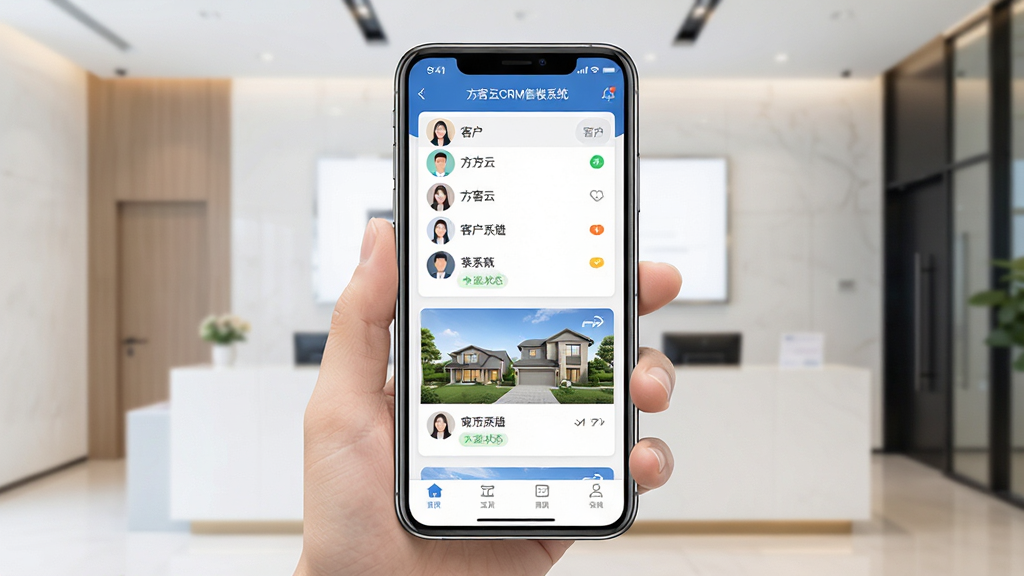 һ�ŷ�����CRM��¥ϵͳ�ֻ���������չʾͼ������������һ���ֳ������ֻ�����Ļ��������ʾ�ͻ��б��뷿Դ��Ƭ������Ϊ�����ִ���¥��ǰ̨����������ͻ���ֻ�����Ļ���ݣ����־��жԳƣ����������ϸ�ڰ����ͻ�ͷ��ͼ�������״̬��ǩ�����ʸ���ɾ��޶���Ԫ�أ���������Ϊ��������CRM��¥ϵͳ��