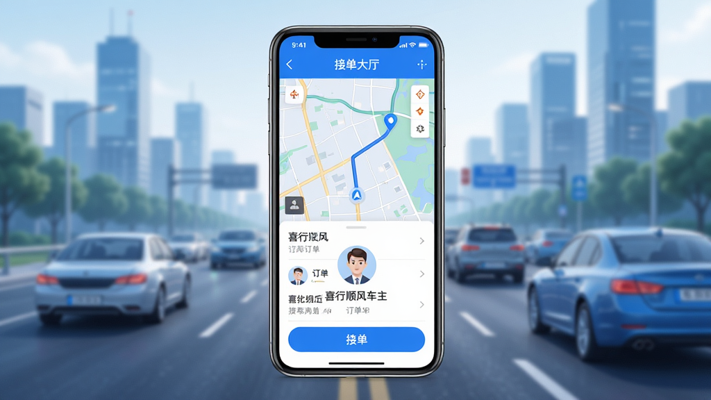 喜行顺风车主 软件主界面展示图,画面中央是一部智能手机,屏幕显示喜行顺风车主APP的接单大厅界面,包含地图导航、订单列表、车主头像和接单按钮等元素,背景为城市道路与车辆,整体风格简洁现代,配色以蓝白为主,细节清晰,画质高清,干净无多余元素