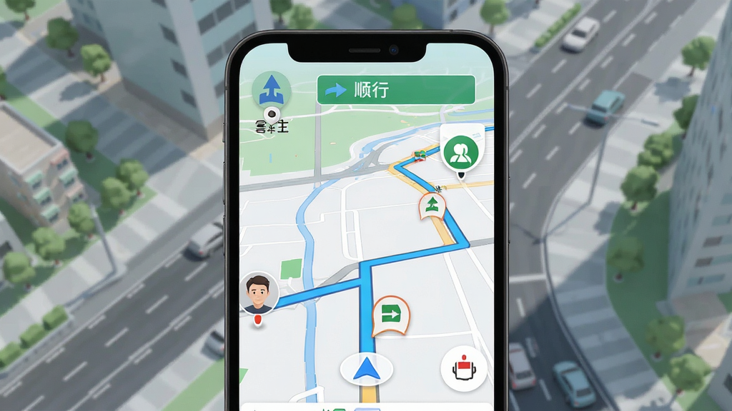 喜行顺风车主 实时导航与路线规划功能展示图,画面中手机屏幕显示导航地图,路线以高亮蓝色线条标注,沿途有实时路况图标,车主头像位于起点,终点有乘客等待图标,背景为城市道路俯瞰图,风格简洁直观,配色清爽,画质高清,干净无多余元素