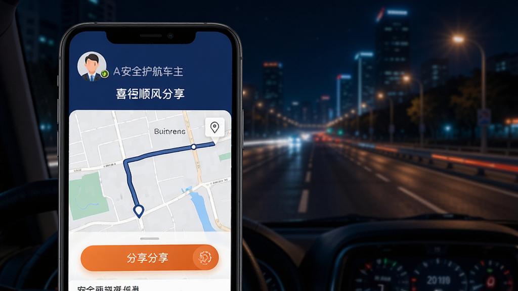 喜行顺风车主 安全护航与行程分享功能展示图,画面中手机屏幕显示行程分享界面,包含地图路线、分享按钮和紧急联系人图标,车主头像位于顶部,背景为夜间城市道路,风格安全可靠,配色以深蓝和橙色为主,细节清晰,画质高清,干净无多余元素