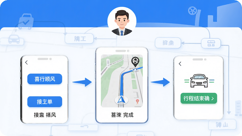 喜行顺风车主 车主接单操作流程图,画面中手机屏幕显示从接单到完成行程的步骤示意图,包含接单按钮、导航界面、行程结束确认等环节,车主头像位于顶部,背景为简洁的流程图风格,配色以蓝色和白色为主,细节清晰,画质高清,干净无多余元素