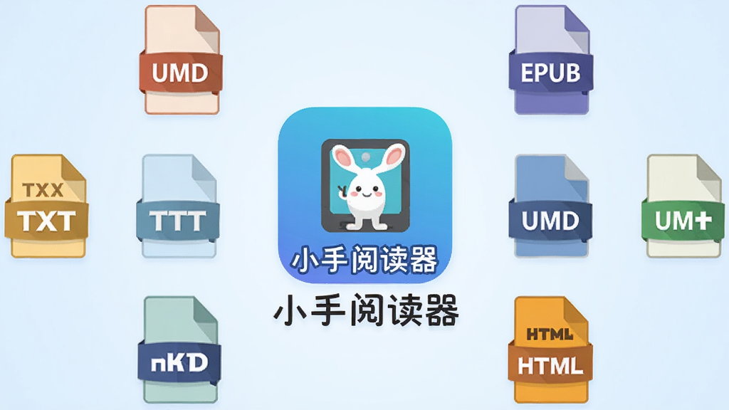 一张软件功能展示图,画面中央是“小手阅读器”的图标和名称,周围环绕着TXT、EPUB、UMD、HTML等格式图标,图标以彩色扁平化风格呈现,背景为淡蓝色渐变,整体布局对称,画质清晰,干净,无多余元素