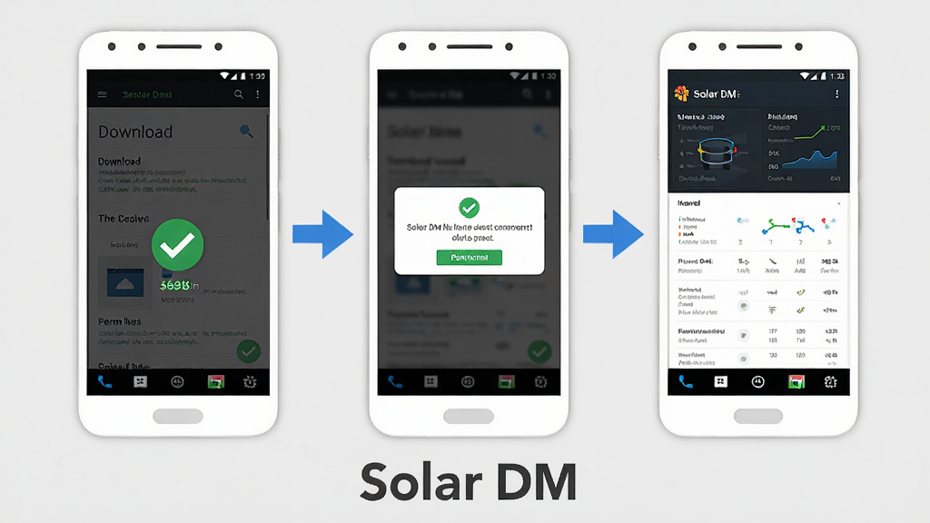 �����ǰ�׿�ֻ���װSolar DM�����Ĳ���ʾ��ͼ������Ϊ�������е������������̣��Ű�������ֻ���ʾ����ҳ�棬�м��ֻ���ʾȨ����Ȩ�������Ҳ��ֻ���ʾ������ҳ���ݽ��棬���Ϊ��ƽ���̳̲�ͼ���ϸ�ڰ�����ɫ��ѡͼ�ꡢ��ɫ��ͷ�����ߡ���ɫ�ֻ��߿�ǳ��ɫ���������ʸ���ɾ��޶���Ԫ�أ�ͼƬ�ײ������ɫ����д