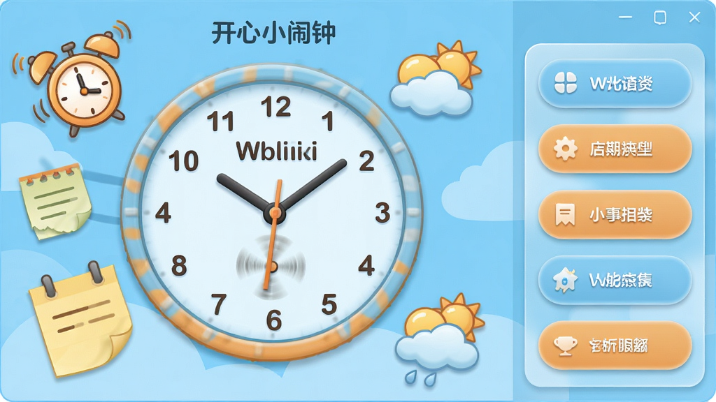 һ����Ϊ������С���ӡ���Windows����ʱ���������棬��������չʾԲ��ʱ�ӱ��̣���Χ����������������ǩֽ������ͼ���Ԫ�أ����岼�ֲ������ҷ����Ű棬���Ϊʱ����ʾ�����Ҳ�Ϊ���ܰ�ť�б���������¿�ͨ����ɫ��Ϊ����ɫ��ů��ɫ��ϸ�ڰ��������߶�Ч������͸��ë�����ʸе���塢Բ�ǰ�ť����������������ɾ����޶���Ԫ��