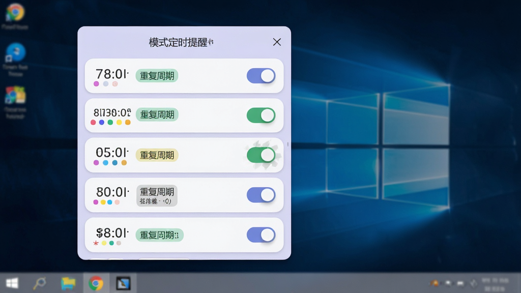 ����С���Ӷ�ģʽ��ʱ���ѹ��ܽ����ͼ����������Ϊһ��������Windows�����ϵ�����������壬�����չʾ���������Ŀ��ÿ������ʱ�䡢�ظ����ڱ�ǩ�����ذ�ť������Ϊ��ֱ�б��Ű棬���Ϊ��ƽ����ƣ���ɫ��Ϊ����ɫ���ɫ��ϸ�ڰ���Բ�ǿ�Ƭ����ɫ��ǩ�����ػ�����������������������ɾ����޶���Ԫ��