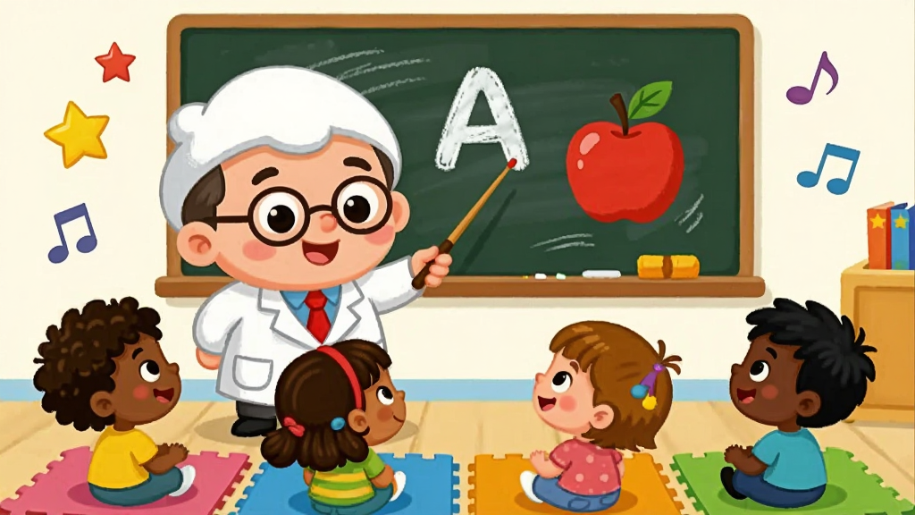 �ɲ�ʿ�׶�Ӣ��Ȥζ������ѧ������������һ��Բ��ɰ��Ŀ�ͨ��ʿվ�ںڰ�ǰ���ڰ�����ʾ��Ӣ����ĸA�Ͷ�Ӧ��ƻ��ͼ�����·����ĸ���ͬ��ɫ��С�������ڲ�ɫ�ص�����ͷ�ۿ�������Ϊ�����������ƫ��ѧϰԪ�ػ������ܣ��Ű���þ��й�ͼ�����Ϊ��ͯ�汾�廭�磬ϸ�ڰ�����ʿ���еḺ̌ޡ������ǵ�Ц��������Ư�������Ǻ���������������������ɾ����޶���Ԫ��