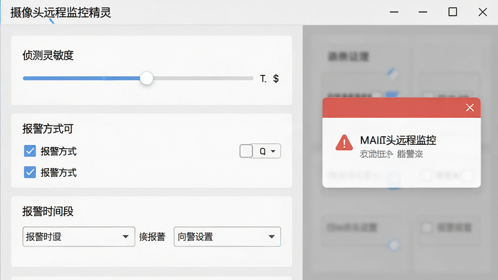 摄像头远程监控精灵移动侦测报警设置界面,画面中展示软件设置面板,面板内包含侦测灵敏度滑块、报警方式勾选框和报警时间段设置选项,界面右侧有一个模拟的报警弹窗提示,整体风格为浅灰色商务风,布局清晰,文字标注明确,画质干净,无多余元素。