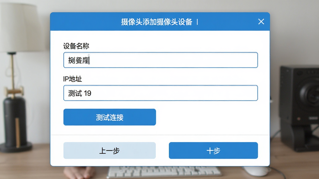 摄像头远程监控精灵新手设置向导界面,画面中展示一个分步引导窗口,当前步骤为添加摄像头设备,窗口内包含设备名称输入框、IP地址栏和测试连接按钮,界面底部有上一步和下一步导航按钮,整体风格为清爽的蓝白配色,布局简洁,文字清晰易读,画质干净,无多余元素。