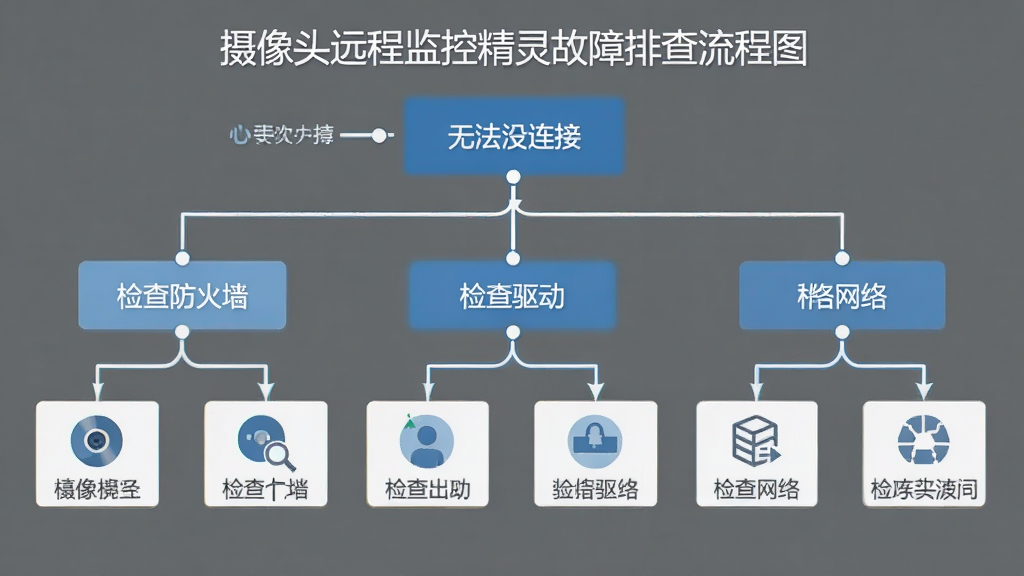 摄像头远程监控精灵故障排查流程图,画面中展示一个简洁的流程图,从软件无法连接开始,分支出检查防火墙、检查驱动、检查网络三个方向,每个分支下有对应的解决步骤图标,整体风格为扁平化设计,配色以蓝灰为主,画质清晰,布局规整,无多余装饰。