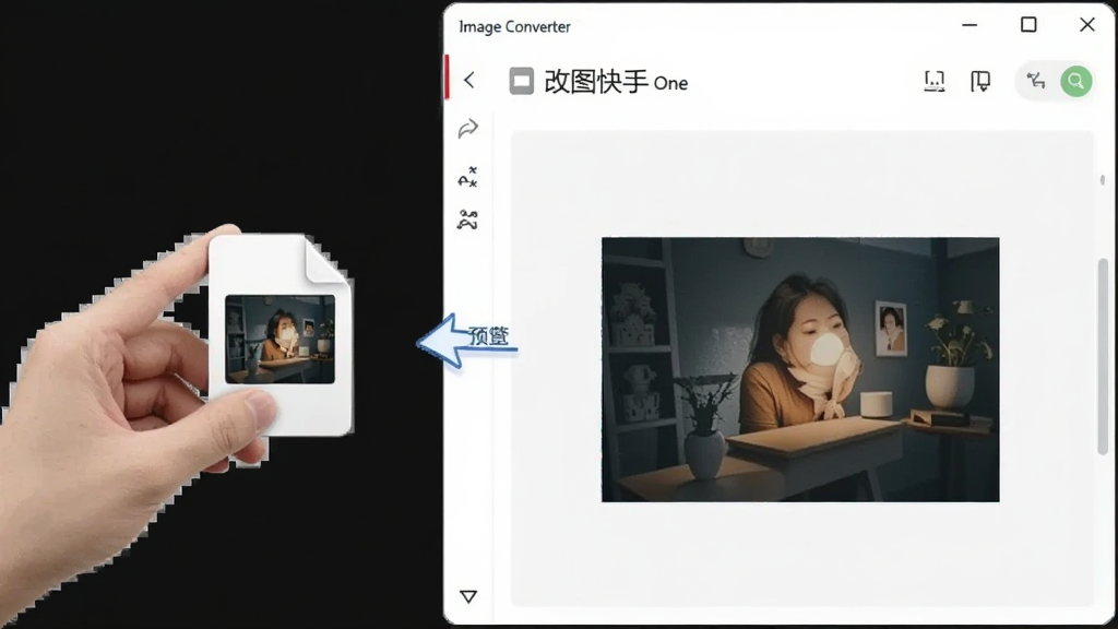 一张展示拖拽操作和预览效果的界面图,画面中一只手正在把图片文件拖入改图快手(Image Converter One)窗口,窗口内显示预览图,界面风格现代,操作示意清晰,画质干净,无杂乱元素