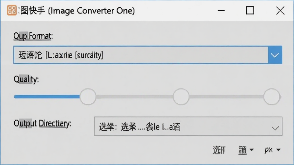 一张展示改图快手(Image Converter One)转换设置面板的截图,画面中可以看到输出格式下拉菜单、质量滑块、输出目录选择框等选项,界面布局清晰,文字标注明确,整体风格干净整洁