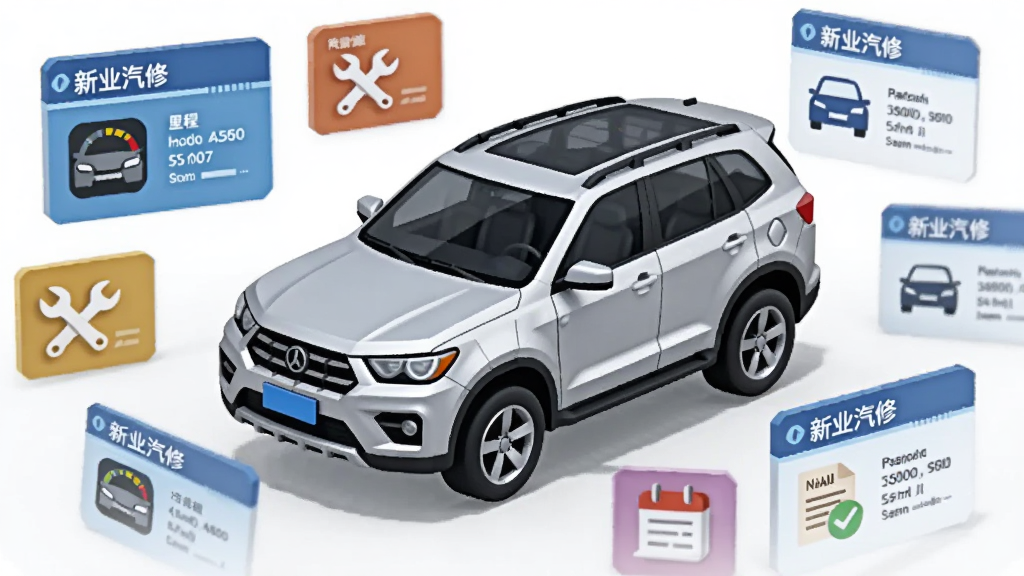 ��������Ϊһ����ɫSUV��3D͸�����������ܻ��������ĵ��ӵ�����Ƭ����Ƭ����ʾ����ҵ���ޡ������ͳ�����Ϣͼ�꣬���ֲ������ķ���ʽ�Ű棬���Ϊ��ƽ���Ƽ��廭��ϸ�ڰ�����̱�������ͼ�ꡢ������ǩ�ͱ��յ����ţ����ʸɾ������޶���Ԫ��
