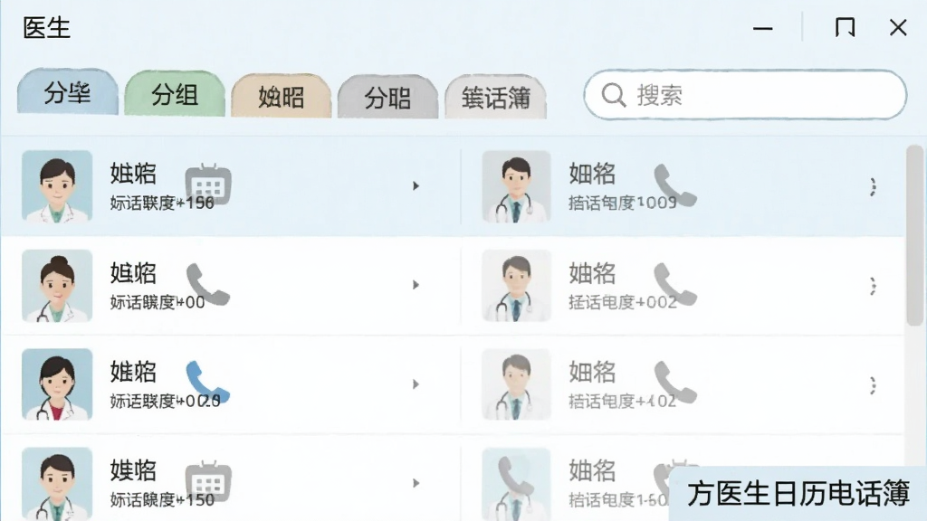 ��ҽ�������绰����ϵ�˹��������ͼ���ͼ������չʾ�����ǩ�����������б����ж�����ϵ�˼�¼��ÿ����¼���������͵绰ͼ�꣬���������ˬ��ǳɫ���⣬����һ�Ǳ�ע