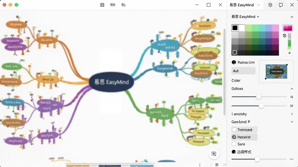 ��˼ EasyMind �ڵ���ʽ�Զ������չʾ������Ϊ������ʽ������壬������ɫѡ������������ڻ��顢�߿���ʽѡ�����Ϊ��ɫ˼ά��ͼ�ڵ㣬���ֲ����Ҳ��������뻭�������Ϊ���±�ƽ����ƣ�ϸ�ڰ���ɫ�顢Ԥ������ͼ�����ڿؼ������������ɾ����޶���Ԫ��