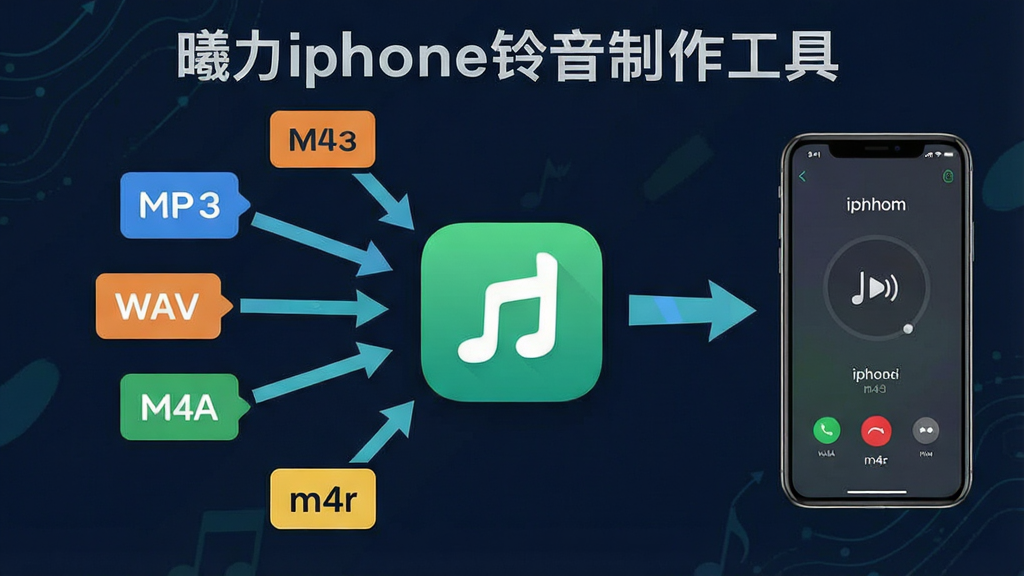 һ����Ϣͼ���Ļ��棬����������iphone�����������ߵ�ͼ�꣬��Χ������MP3��WAV��M4A��m4r�ȸ�ʽ��ǩ����ͷ�Ӹ��ָ�ʽָ�����ĵ�����ͼ�꣬�ٴ�����ͼ��ָ��һ��iPhone�ֻ����ֻ���Ļ��ʾ�����������棬������ɫ��ˬ�����ֶԳƣ����ֱ�ע������iphone�����������ߡ�������������������Ԫ��