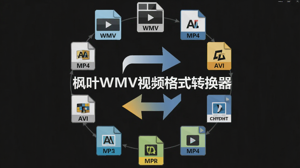 软件功能界面展示,画面中央为“枫叶WMV视频格式转换器”文字,主体是多个视频格式图标围绕一个转换箭头排列,布局呈环形,排版对称,风格为扁平化设计,细节包括WMV、MP4、AVI等格式标识,画质清晰,干净,无多余元素