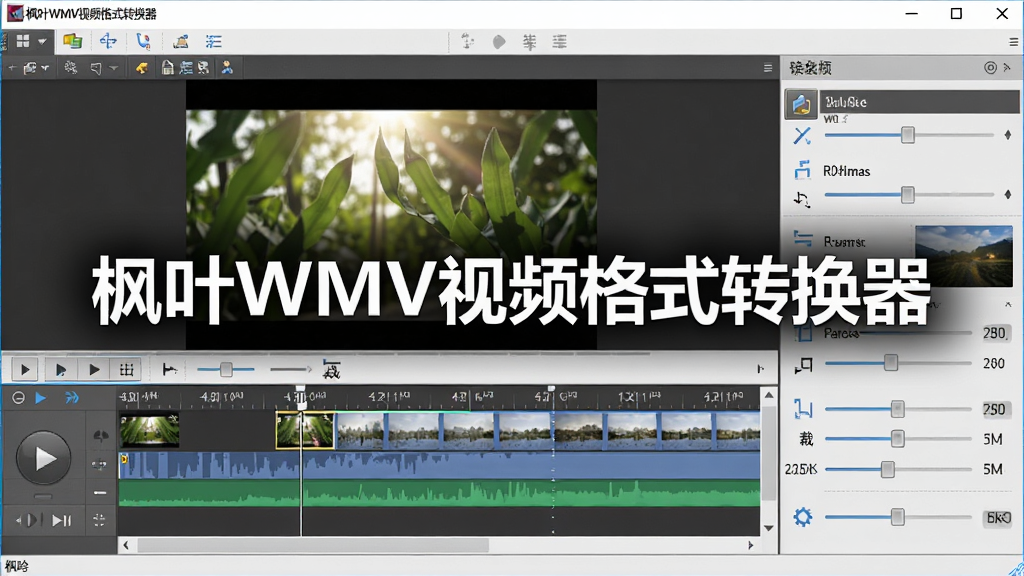 软件视频编辑界面展示,画面中央为“枫叶WMV视频格式转换器”文字,主体是视频时间轴与剪辑工具面板,布局为上下结构,排版清晰,风格为专业工具风,细节包括播放按钮、裁剪标记、参数滑块,画质清晰,干净,无多余元素