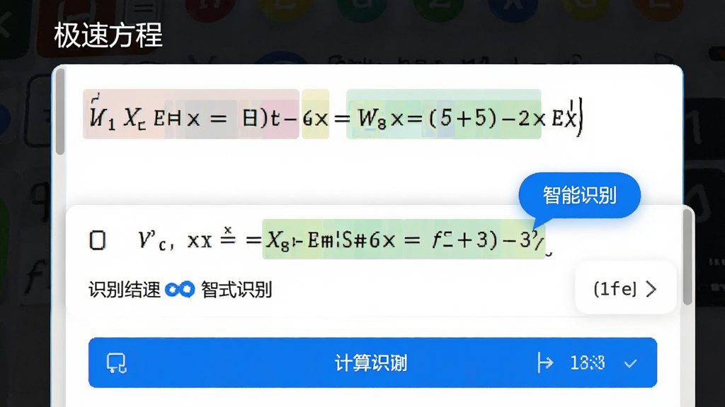 �������ٷ��̹�ʽʶ����棬����Ϊ���������Ȼ��д��ʽ���Զ�ʶ�����Ч��������Ϊ�Ϸ����������·�ʶ��������㰴ť���Ű��������У����Ϊ���ܹ��߷磬ϸ�ڰ�����ɫ�﷨������������ʾ���ݡ���ɫʶ���ʶ����������ʾ���֡����ٷ��̡��롰����ʶ�𡱣����������ɾ��޶���Ԫ��