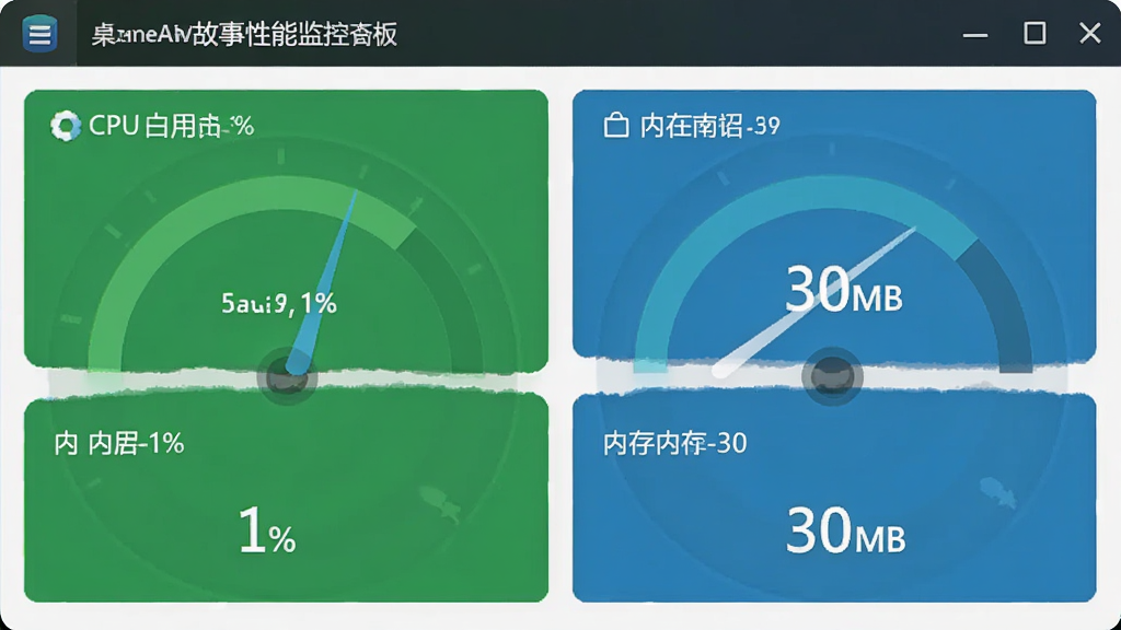 ����������ܼ������ͼ����������ʾCPUռ���ʵ���1%���ڴ�ռ��Լ30MB���������Ǳ�����ʽչʾ����ɫ����ɫΪ��ɫ�������������ɼ����������ɾ������廭�ʣ��޶���Ԫ��