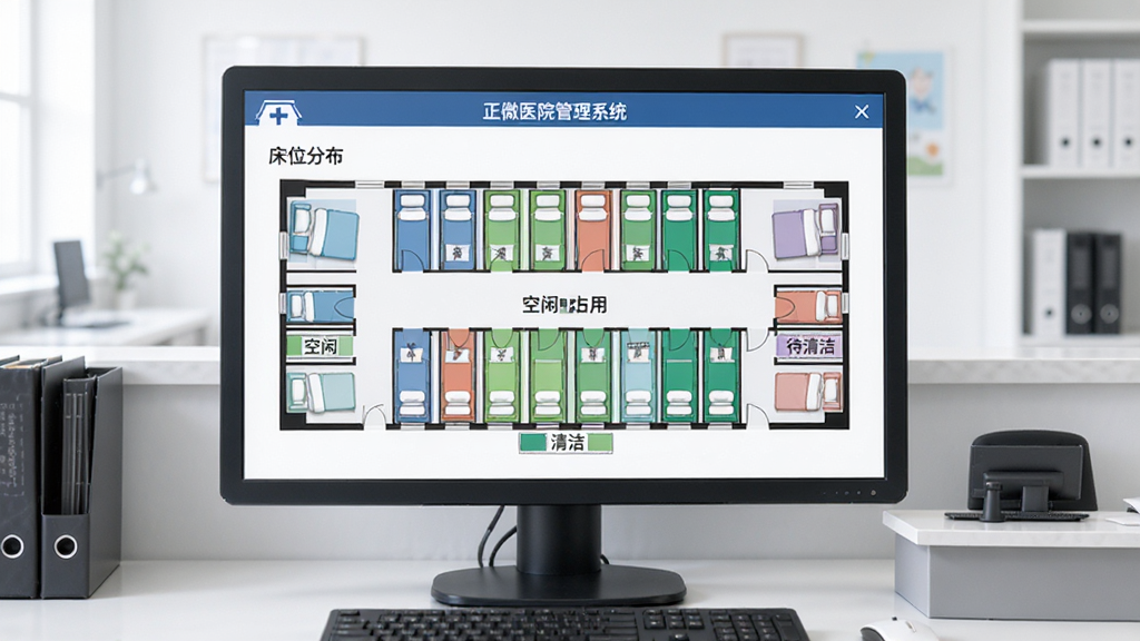 ��΢ҽԺ����ϵͳסԺ��λ�������棬����չʾ��ʿվ������Ļ�ϵĴ�λ�ֲ�ͼ����ͬ��ɫ�������С�ռ�úʹ����״̬������Ϊ¥��ƽ��ͼ��ʽ����������죬ϸ�ڰ�������ͼ��ͻ�ʿվ̨�����ʸ��壬�ɾ����޶���Ԫ�ء�