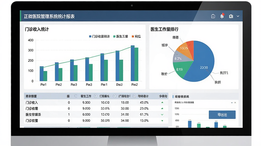 ��΢ҽԺ����ϵͳͳ�Ʊ������棬��������ʾ������Ļ�ϵ���״ͼ�ͱ�״ͼ��ͼ������Ϊ��������ͳ�ƺ�ҽ�����������У�����Ϊ�Ǳ�����ʽ�����Ϊ�������ݷ������ϸ�ڰ������ݱ���͵�����ť�������������ɾ����޶���Ԫ�ء�