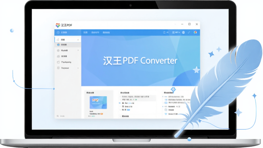 һ��չʾ�����������Եĸ���ͼ��������һ̨�ʼǱ�������Ļ��ʾ������PDF Converter�����棬�Ա���һ����ëͼ��������������岼�ּ�࣬����������죬��ɫ�԰�ɫ��ǳ��ɫΪ����ϸ�ڰ�����Ļ��������ʾ����ë������ʸУ����ʸ��壬�ɾ����޶���Ԫ��