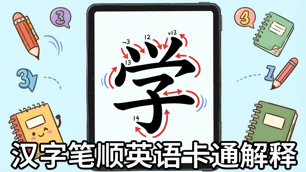 ��ͼ������������һ������ƽ���豸����Ļ����ʾһ����ͨ���ĺ��֡�ѧ���֣��ʻ����Զ�����ʽ������֣�ÿһ�ʴ��к�ɫ��ͷ���������豸��Χ���ƿ�ͨ�ľߺ�������ű�ǩ������Ϊ���й�ͼ���Ű�ͻ����Ļ���ݣ����Ϊ���½����࿨ͨ�廭��ϸ�ڰ�����˳��š���̬�켣�ߣ����ʸ��壬�ɾ��޶���Ԫ�أ������б�ע�����ֱ�˳Ӣ�￨ͨ���͡�����