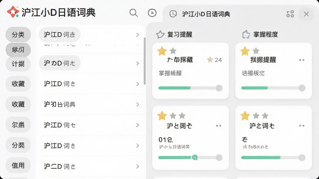 һ�š�����СD����ʵ䡱���ʱ�����ͼ������Ϊ�����б��븴ϰ�ƻ���壬�������Ϊ�����ǩ���Ҳ�Ϊ���ʿ�Ƭ�����ճ̶ȱ�ǣ��Ű���ÿ�Ƭʽ���֣����Ϊ����ѧϰ���߷磬ϸ�ڰ����ղ��Ǳꡢ��ϰ����ͼ�ꡢ����������������������ɾ��޶���Ԫ�ء�