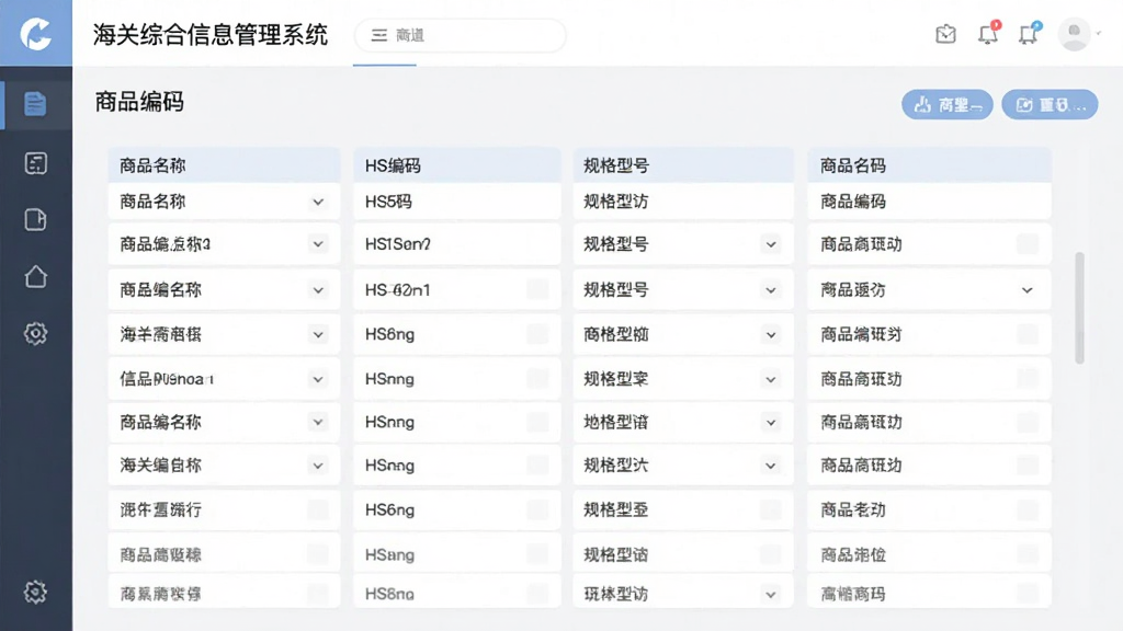 ��Ʒ��Ϣ�鼯���ܽ��棬����չʾ�������ۺ���Ϣ����ϵͳ���е���Ʒ�����б���������Ʒ���ơ�HS���롢����ͺŵ��ֶΣ�������ÿ�Ƭʽ���֣�����Լ�ִ�����ɫ��ͣ�����ɾ�������Ԫ�أ����廭��