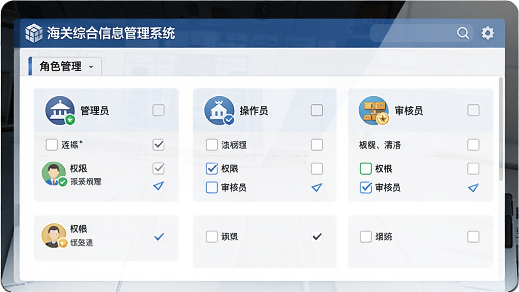 Ȩ�����ý��棬����չʾ�������ۺ���Ϣ����ϵͳ���еĽ�ɫ������壬��������Ա������Ա�����Ա�Ƚ�ɫͼ�꼰Ȩ�޹�ѡ��������ǳɫϵ�����񣬲��ֹ���������ɾ������廭��