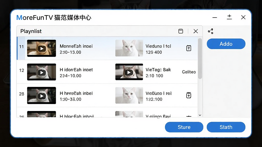 ����չʾMoreFunTVè��ý�����ĵĲ����б��༭���棬����Ϊ�����б����ڣ��б��������Ŷ����Ƶ�ļ���Ŀ��ÿ����������ͼ��ʱ����Ϣ���Ҳ���������ɾ����ť���ײ��б�������ղ��������岼��Ϊ����ʽ�༭��壬���Ϊ��Լ����磬ϸ�ڰ����������б��ָ��ߡ���ɫ������ť��Բ�Ǵ��ڱ߿򣬻����������ɾ����޶���Ԫ��