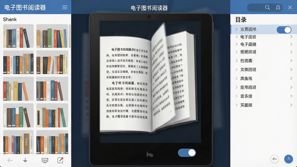一张展示电子图书阅读器软件主界面的图片,画面中央是打开的电子书阅读窗口,两侧有书架列表和目录导航,整体布局简洁清晰,风格为现代扁平化设计,细节包括书页翻动效果、夜间模式切换按钮,画质干净明亮,无多余元素,图片中文字包含“电子图书阅读器”