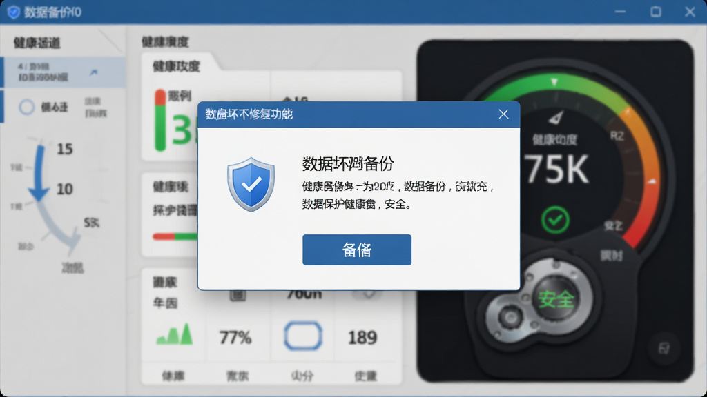 硬盘坏道修复工具数据保护功能展示图,主体为软件界面中数据备份提示弹窗与硬盘健康度仪表盘,布局为居中弹窗加背景仪表盘,排版上下结构,风格为安全稳重风,细节包含盾牌图标、备份按钮、健康度百分比数值、绿色安全标识,画质高清干净无多余元素