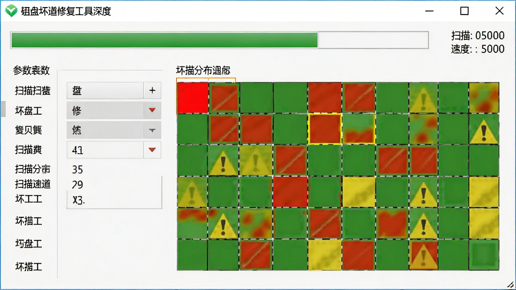 硬盘坏道修复工具深度扫描界面图,主体为软件扫描进度窗口,布局为上方进度条与下方坏道分布网格图,排版左右分栏左侧参数右侧图形,风格为专业工具风,细节包含红色坏道块、绿色正常块、黄色警告块、扫描速度数值,画质清晰干净无多余元素