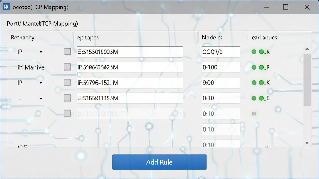 ��������չʾ������Ϊ�˿�ӳ����(TCP Mapping)�����ڣ����ּ�࣬�Ϸ�Ϊӳ���б����·�Ϊ���ӹ���ť������Ϊǳ��ɫ�Ƽ�����Ű����������Ϊдʵ������ͼ��ϸ�ڰ���IP��ַ����򡢶˿ںš�״ָ̬ʾ�ƣ����ʸ��壬�ɾ����޶���Ԫ��