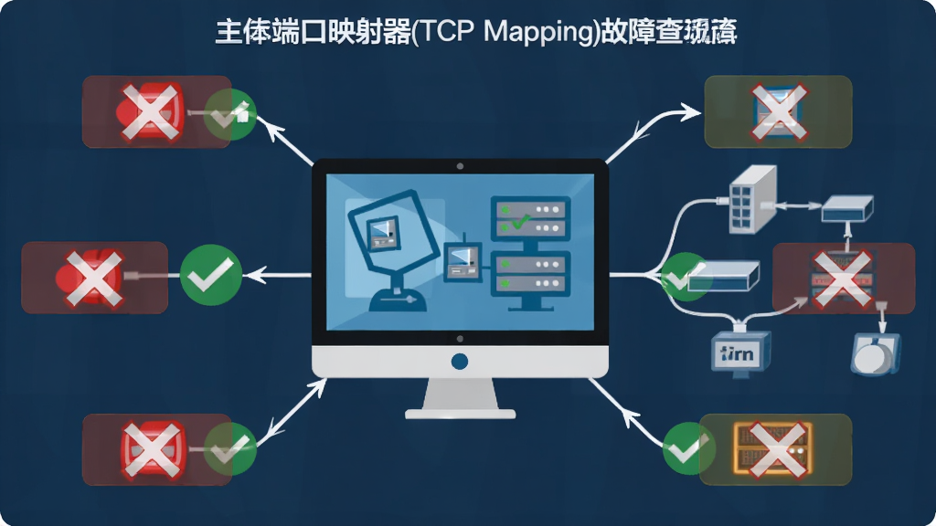 �˿�ӳ����(TCP Mapping)�����Ų�����ͼ������Ϊ������Ļ���������˽ṹ������Ϊ���ķ���״���Ű����������Ϊ����ʾ��ͼ��ϸ�ڰ�����ɫ��ű�ǵĴ���ڵ����ɫ�Թ���ǵ������ڵ㣬���ʸ��壬�ɾ����޶���Ԫ��