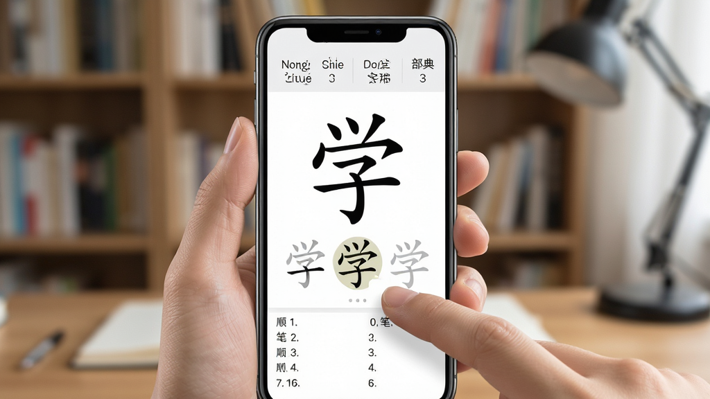 �ʻ���˳��ѯ�ֵ书�ܽ��棬����Ϊһ�������ֻ��������У���Ļ����ʾ���֡�ѧ���ıʻ��ֽ���ͼ���Ϸ�Ϊƴ���Ͳ�����Ϣ���в�Ϊ��ʸ�����ʾ���·�Ϊ��˳����б�������Ϊ�������У��Ű���գ����Ϊ�ִ���ƽ������Ӧ�ý��棬ϸ�ڰ�����ָ�ᴥ��Ļ������Ϊ�黯�鷿���������ʸ���ɾ��޶���Ԫ��
