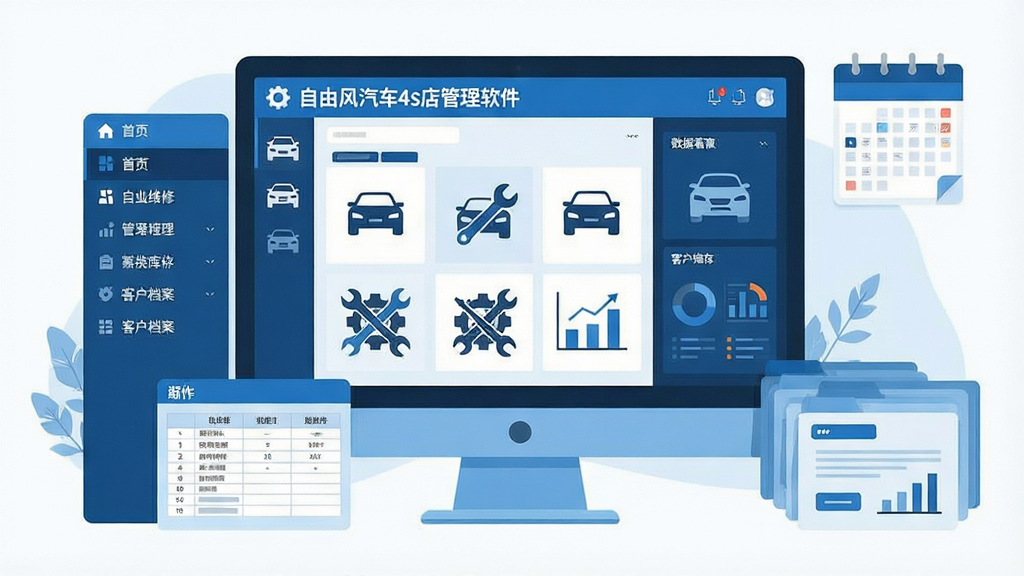 һ��չʾ����4S����������Ĳ廭����������Ϊһ̨������Ļ��ʾ�����ɷ�����4s������������Ľ��沼�֣���Ļ��������ά�޹��������������Ϳͻ�������Ƭ��Ԫ�أ��������������ɫ��������Ϊ���ҷ���������ǵ����˵����Ҳ������ݿ��壬���Ϊ��ƽ���廭��ϸ�ڰ�������ͼ�ꡢ���ֹ��ߡ�������ͼ������������������ɾ����޶���Ԫ��