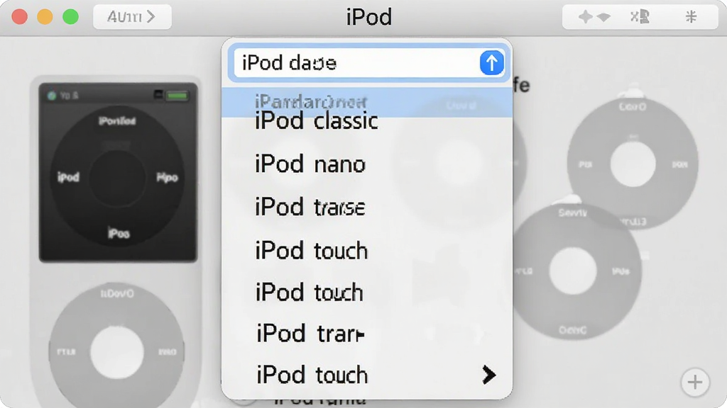 һ��չʾ����iPod��Ƶת�����豸��������ͼƬ������Ϊ������iPod�豸�ͺ�ѡ�������˵�������Ϊ�˵�չ��״̬������ʾ���Ű��ϸ��ͺ������������������ɼ������Ϊ��ˬ��ǳɫ����磬ϸ�ڰ���iPod classic��iPod nano��iPod touch���ͺ����֣����ʸ��壬�ɾ����޶���Ԫ��