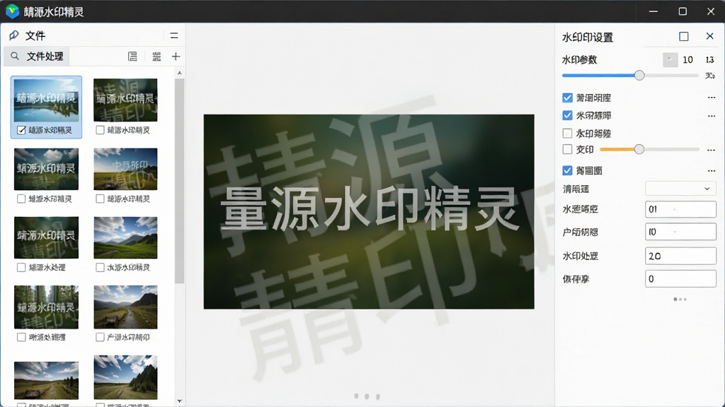 靖源水印精灵批量水印处理功能展示,画面左侧为文件列表区域,显示多张待处理图片缩略图,右侧为水印参数设置面板,中央区域展示一张正在添加水印的图片,图片上叠加着半透明文字水印,整体布局为左右分栏式,排版清晰,风格为写实软件操作界面,细节包括进度条、勾选框、参数输入框,画质高清,画面干净,无多余元素