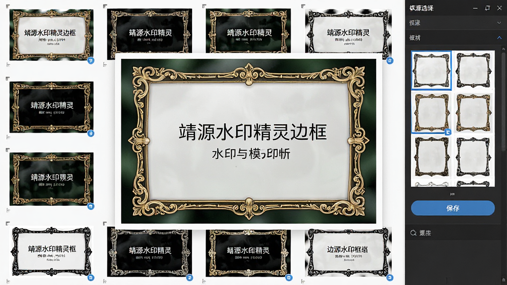 靖源水印精灵边框水印与模板功能展示,画面中央为一张带有精美边框的摄影图片,边框内嵌有文字信息,周围环绕着多个模板缩略图,布局为居中展示加环绕式排版,风格为写实软件界面,细节包括模板选择面板、边框样式预览、保存按钮,画质高清,画面干净,无多余元素