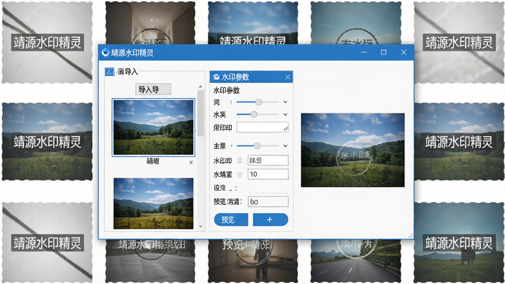 靖源水印精灵软件主界面全貌,画面中央展示软件操作窗口,窗口内排列着图片导入区、水印参数设置面板和预览区域,界面风格简洁清爽,主色调为蓝白搭配,标题栏显示“靖源水印精灵”字样,窗口周围环绕着若干张带有水印的示例图片,布局为居中构图,排版干净有序,风格为写实软件界面截图,细节包括按钮、滑块、输入框清晰可见,画质高清,画面干净,无多余元素