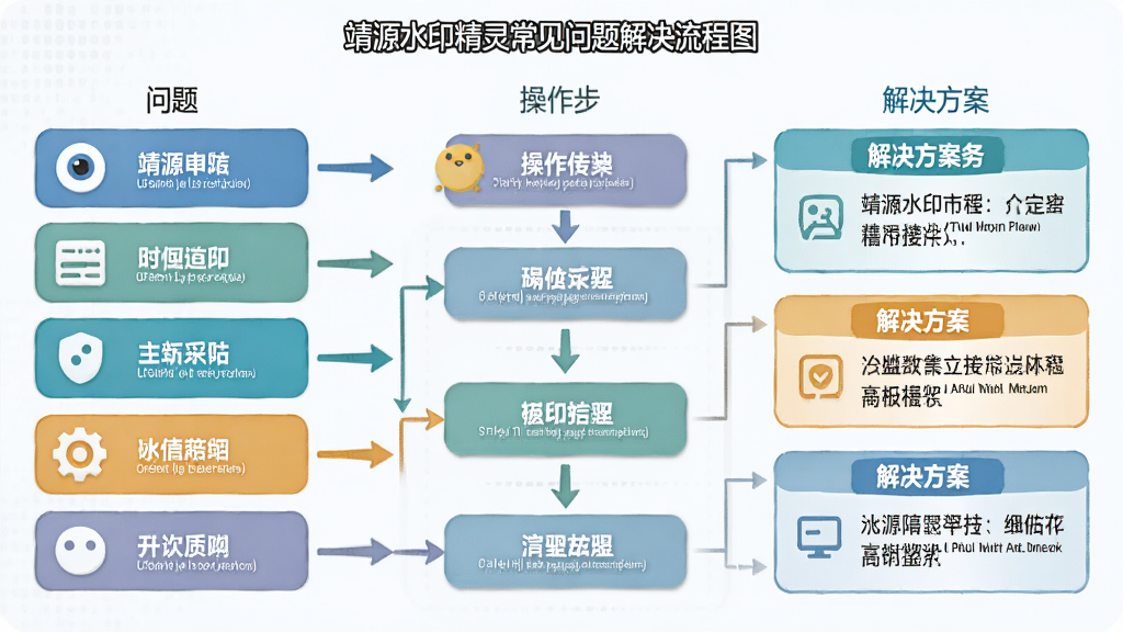 靖源水印精灵常见问题解决流程图,画面以信息图形式展示,左侧为问题分类列表,中间为操作步骤示意,右侧为解决方案文本框,整体布局为三栏式,风格为扁平化信息图,细节包括图标、箭头、文字说明,画质高清,画面干净,无多余元素