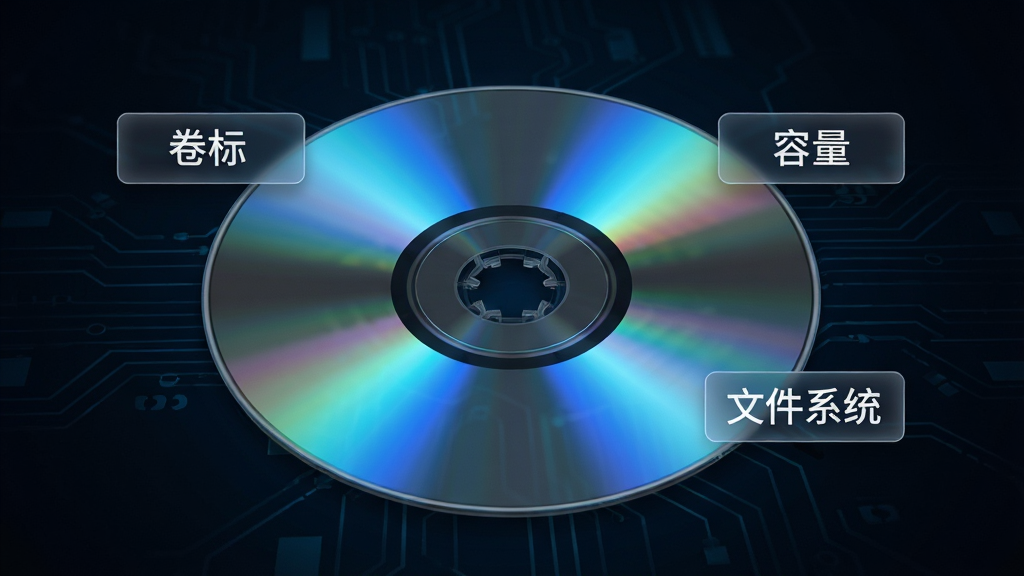 һ����������չʾͼ����������Ϊһ��������ת��CD���̣����̱��淴�����ɫ��â�������Ա������ż�����Ϣ��ǩ���ֱ�д�š����ꡱ�����������ļ�ϵͳ��������Ϊ��ɫ�Ƽ��н��䣬����Ϊ���й�ͼ�����Ϊдʵ�Ƽ��磬ϸ�ڰ����������Ŀ׶��ͷ������������ʸ��壬�ɾ��޶���Ԫ��