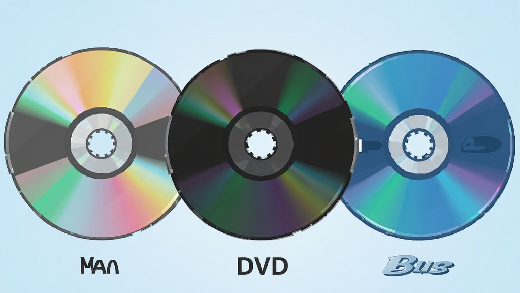 һ��չʾ���ֹ������͵�ʾ��ͼ�������в��Űڷ���CD��DVD��������̸�һ�ţ�ÿ�Ź����·���ע��Ӧ�ĸ�ʽ���ƣ�����Ϊ�������У����Ϊ��ƽ��ͼ����ƣ�ϸ�ڰ������̱��治ͬ��ɫ�ķ���Ч������������������Ϊǳ��ɫ���䣬�ɾ��޶���Ԫ��